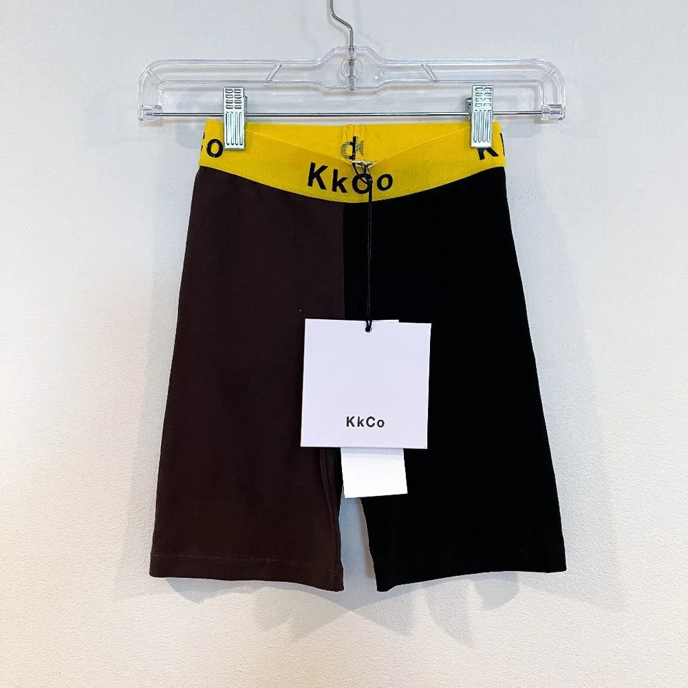 KkCo Colorblocked Black Brown Elastic Waist Designer Compression Athletic Shorts - Picture 2 of 6